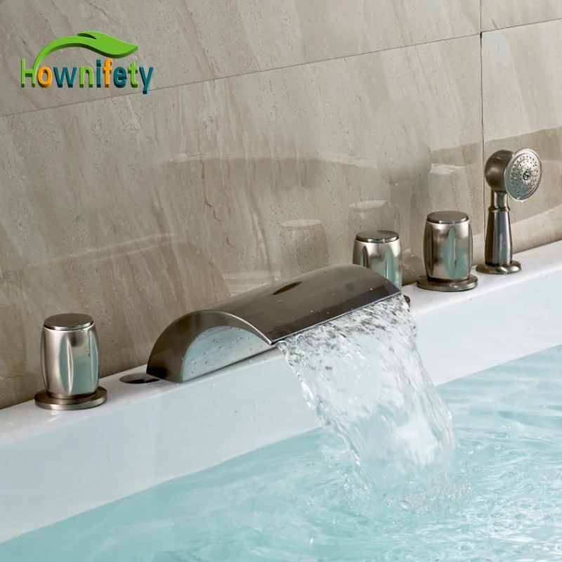 

Contemporary Brushed Nickel Tub Faucet Three Handles Mixer Tap With Handshower