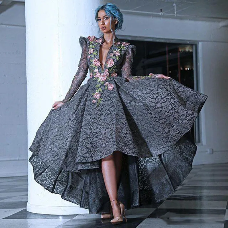 

Hippie Style High Low Prom Dresses Chic Lace V Neck Long Sleeves Evening Party Dress 2019 Gray Arabic Women Formal Party Gowns