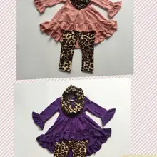 Новая осенняя одежда для девочек, комплект из 3 предметов с шарфом, леопардовая Одежда для девочек, однотонное платье, топ с леопардовым принтом, штаны