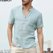 INCERUN, мужские рубашки со стоячим воротником, короткий рукав, на пуговицах, повседневные топы, Мужская Уличная одежда, свободная летняя дышащая рубашка, сорочка