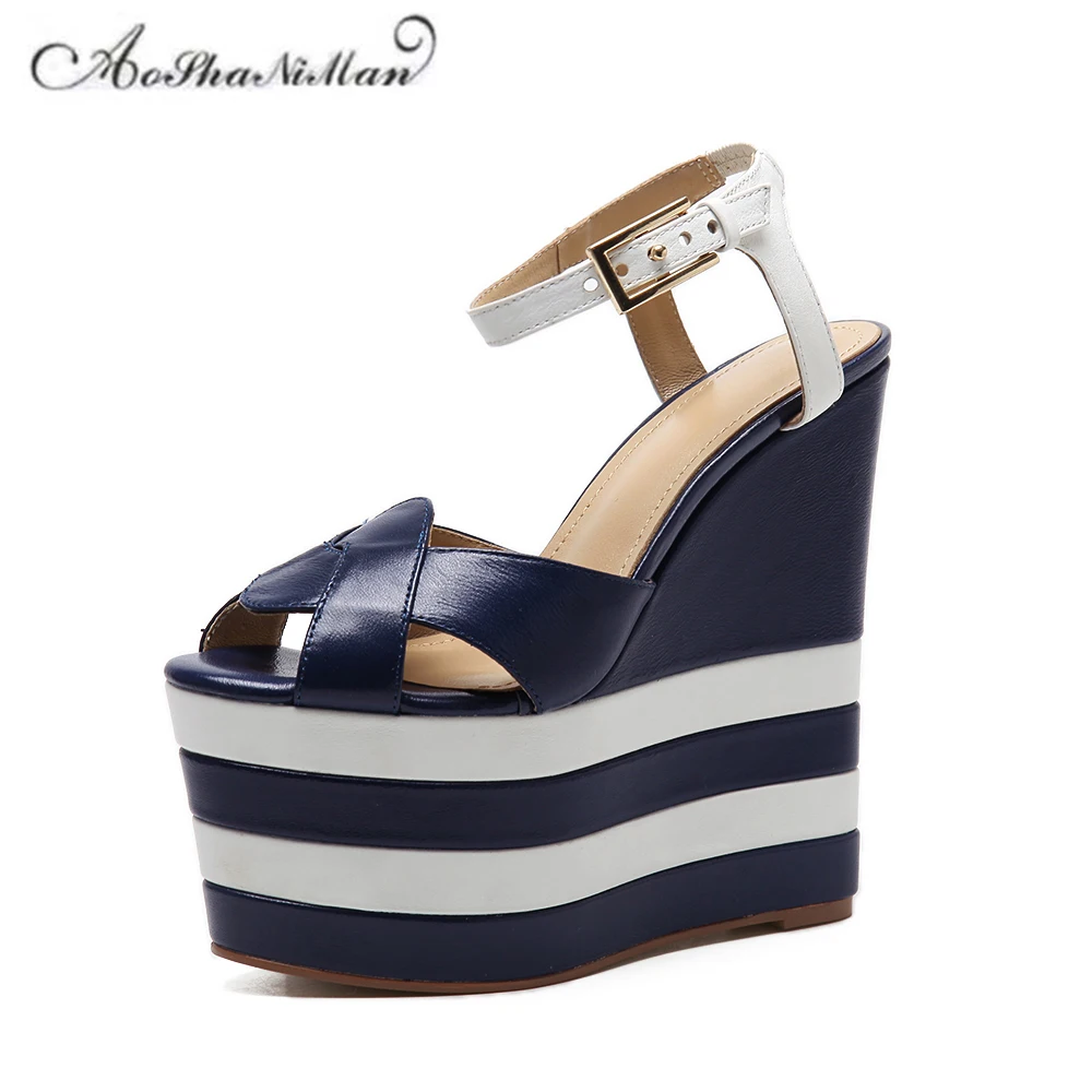 

Newest summer top quality Fashion design women platform sandals 100% genuine leather thick sole summer shoes 16cm heel 35-40