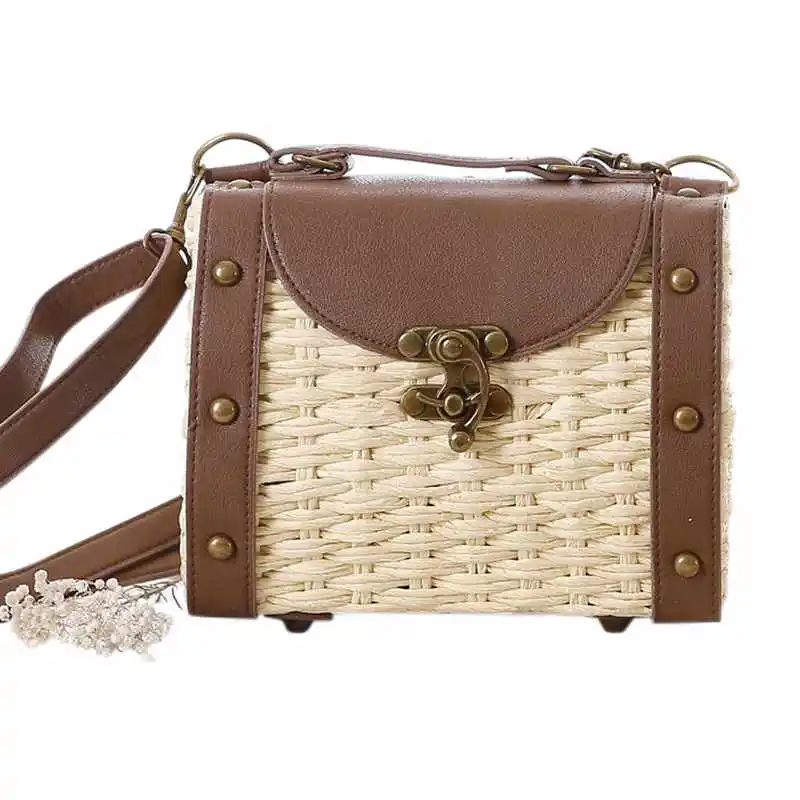 

Women Rattan Bags Vintage Designer Shoulder Bags Straw Knitted Handbags Bali Bags(Beige)
