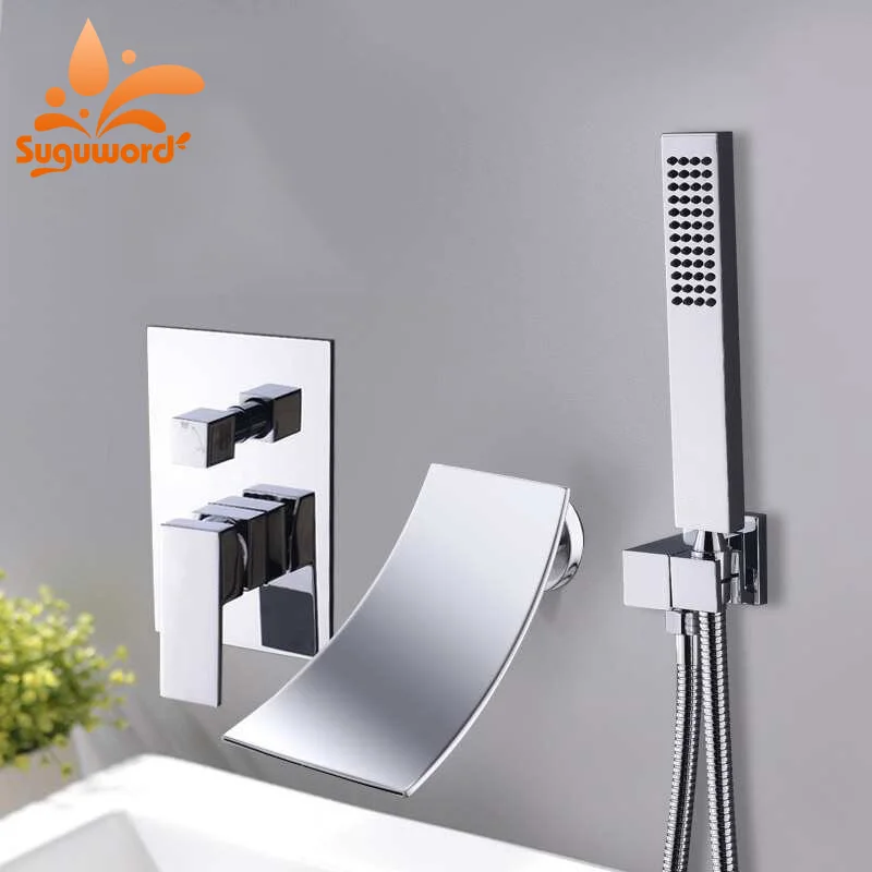 

Suguword Chrome 3pcs Bathtub Faucet with Tub Faucet and ABS Plastic Hand Shower Hot and Cold Mixer Tap Wall Mounted