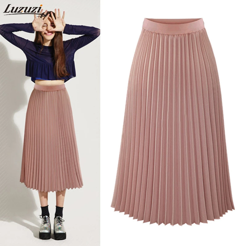 

2019 Spring Summer Women's High Waist Pleated Skirt Solid Color Half Length Elastic Skirt Lady Casual Chiffon Long Skirt CE3146