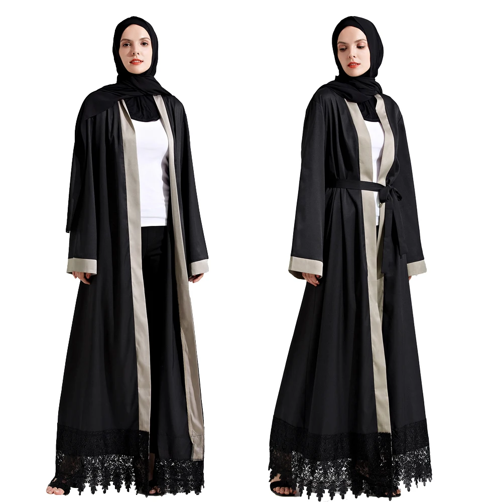Summer Black Lace Stitching Muslim Abaya Cardigan Maxi Abayas For ...