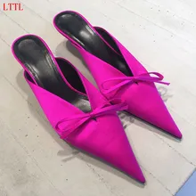 2017 Fashion Design satin silk women slippers pointed toe kitten heel bowtie buttlerfly knot 3 colors mules sandals women shoes