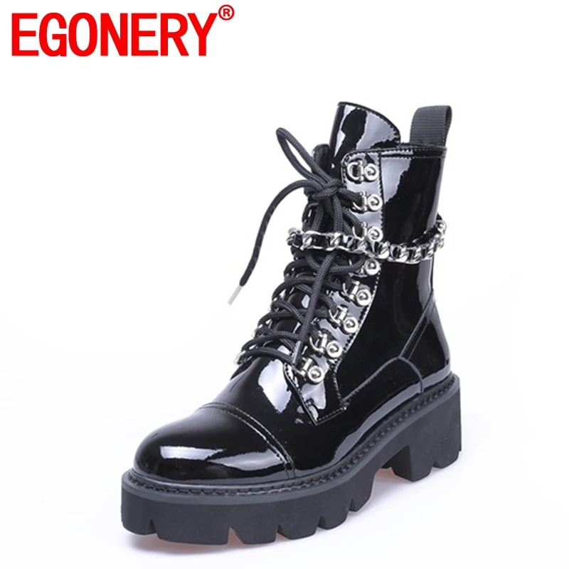 Tanie EGONERY Rock punk kobiety buty okrągłe toe zamek lakierki med 5cm obcas platformy wiązane krzyżowo kobiety retro na przyjęcie botki