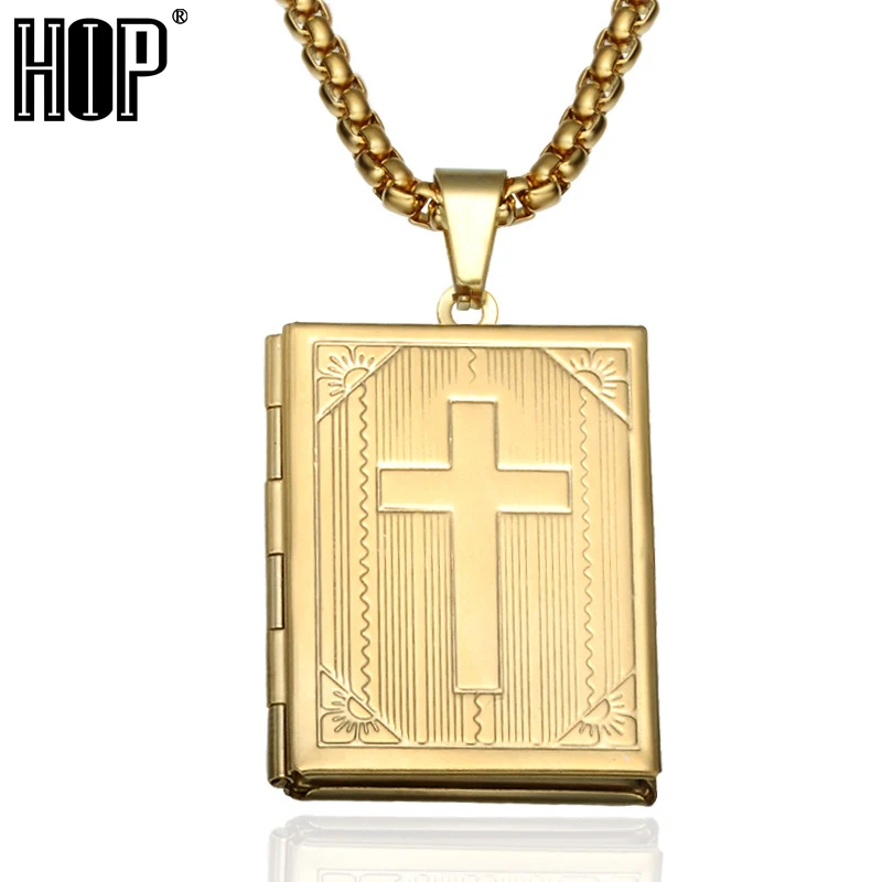 

HIP Cross Patter Stainless Steel Bible Book Prayer Necklace Can Open Photo Frame Necklaces Pendants for Men Christian Jewelry