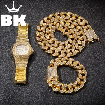 Hip Hop Gold Color Cuban Chain Gold Silver Necklace and Bracelet Set Free Luxury Combination of Watch and Necklace Set 1 item image