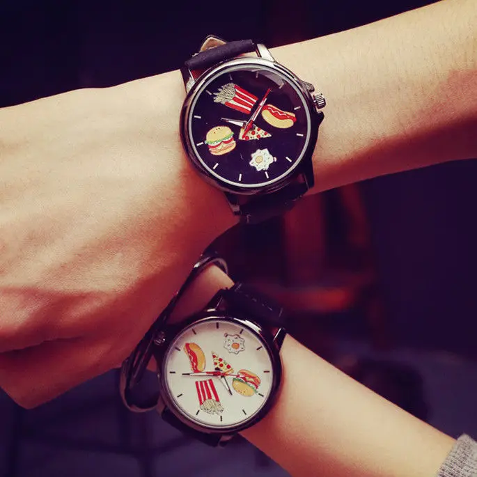 BEST QUALITY  2pcs/Set New Fashion Casual Mens Womens Watch Food Cartoon Unisex Couple Watches Sport Leather Quar