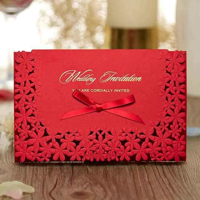 Red Horizontal Laser Cut Wedding Invitation With Hollow Red Horizontal Laser Cut Wedding Invitation With Hollow Customized Elegant Cards Party