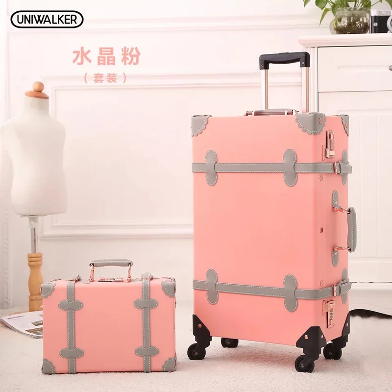 2PCS/SET Vintage Floral PU Travel Bag Rolling Luggage,13"20"22"24"26"inch Women Retro Trolley Suitcase Bag On Universal Wheels