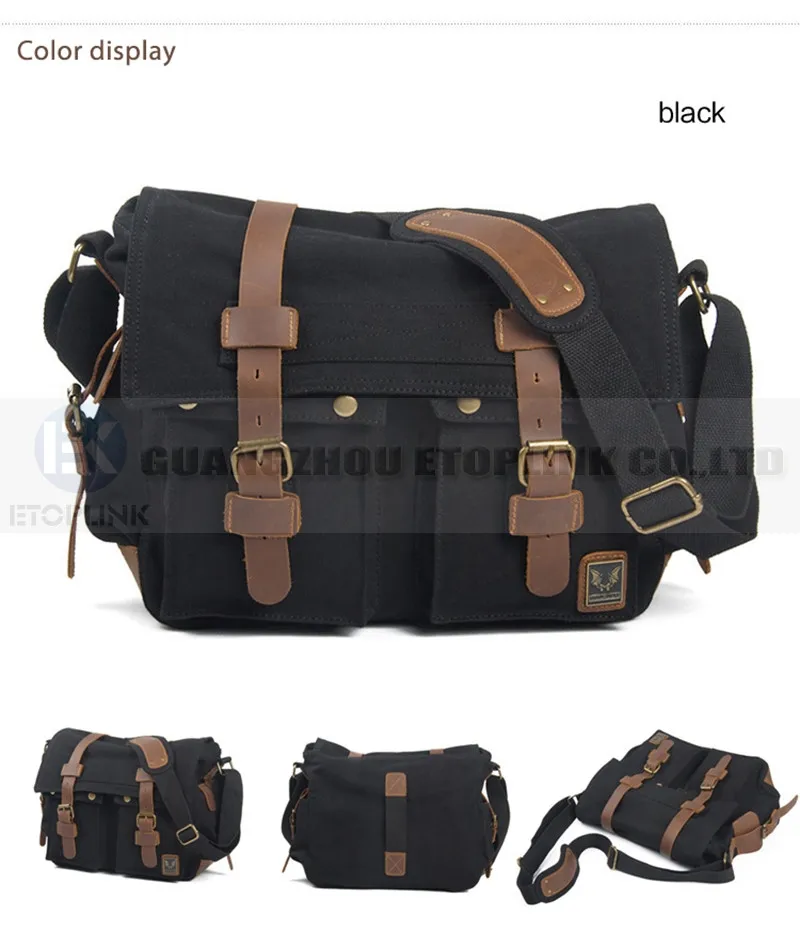ETOPLINK холщовая винтажная сумка на плечо для DSLR SLR камеры Мужская винтажная холщовая кожаная военная сумка-мессенджер для Canon для Nikon - Цвет: Black