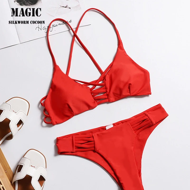 

Swimsuit red Lace Up Bikinis 2018 Swim Set Women Two-Piece Beachwear bandage pushup Bodysuit Split Female Swimwear Bathingsuit