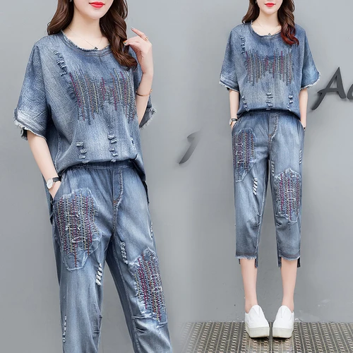 

Jeans Two Piece Set Women's Summer Suit Fashion Embroidery Top&pants Set Conjunto Feminino Ensemble Femme Survetement Ukraine