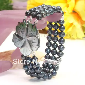 

free P&P >>>>> 1pcs Hot 3 Rows AA 7-8mm White Pink Black Fresh Water Akoya Pearl Bracelets 7-9" s021