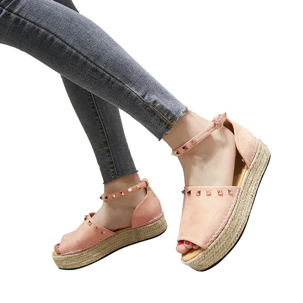 Г. женские сандалии, весенне-летняя женская модная обувь с заклепками, на плоской подошве, с пряжкой, плетеная обувь в римском стиле на толстой подошве, sandalias - Цвет: Розовый
