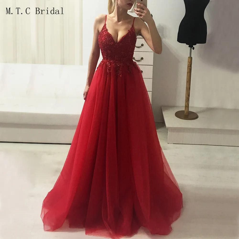 

V Neck Spaghetti Strap Red Arabic Evening Dress 2019 Gorgeous Beaded Appliques Tulle A Line Long Special Occasion Dresses Cheap