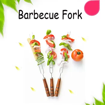 

Camping BBQ Skewers Barbecue Meat Fork Wooden Handle Skewer Long Grill Sticks Outdoor Stainless Steel BBQ Tools 42cm 4/6/12pcs
