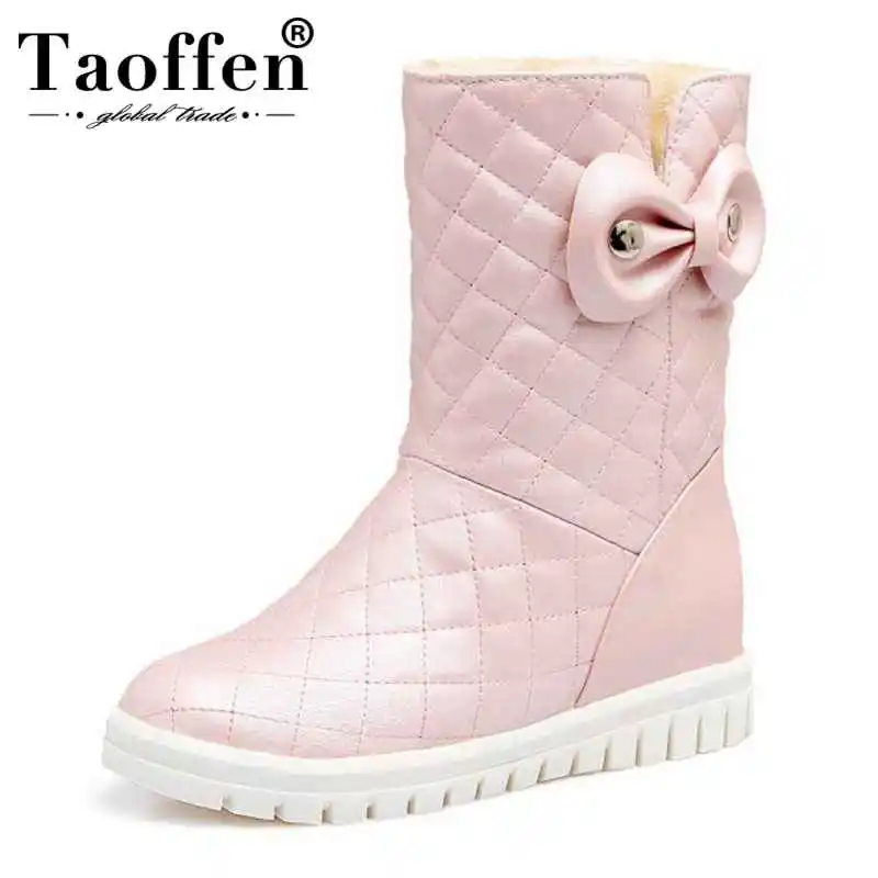 

TAOFFEN Size 31-43 Lady Sweety Winter Shoes Women Warm Fur Inside Mid Calf Snow Boots For Women Bowknot Height Increasing Botas