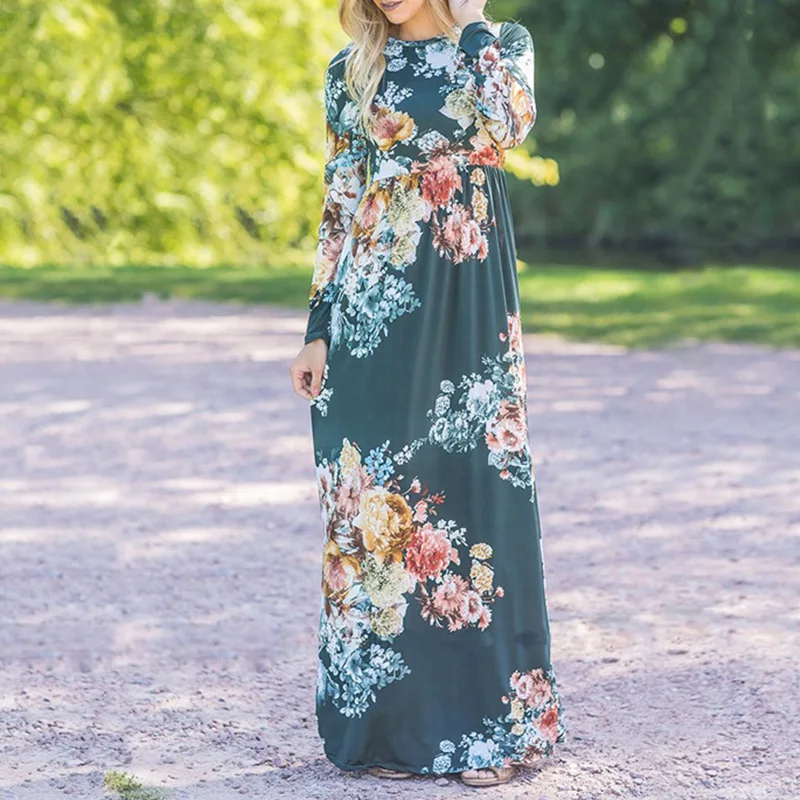 spring summer round neck floral maxi dress