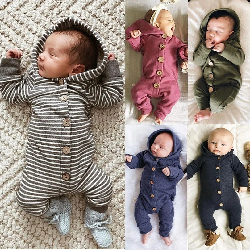 

Solid Buttons Up Long sleeve Hoodie Jumpsuit Romper For Baby Boy