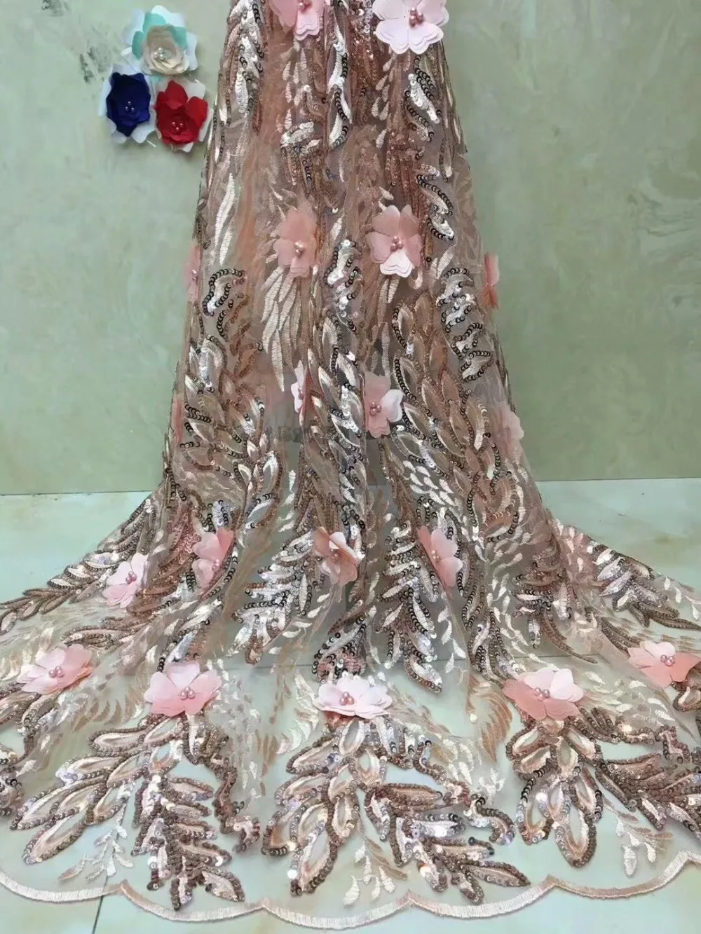 sequin Beads French Tulle Lace Fabric pink gold High Quality Dubai