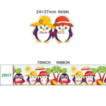 

printed cartoon penguin grosgrain ribbon and resin sets 7/8inch 50yard ribbon and 50pcs resin 1sets REB455