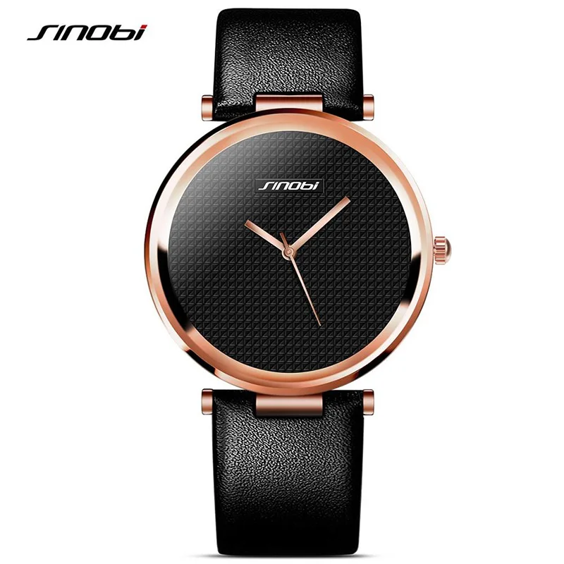 SINOBI женские модные часы черный кожаный ремешок женские наручные часы Reloj Mujer Топ бренд класса люкс Женские кварцевые часы#9393 - Цвет: Gold black