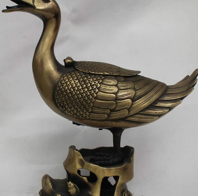 

10"Chinese China Bronze Beautiful swan cyprinoid Statue Incense Burner Censer