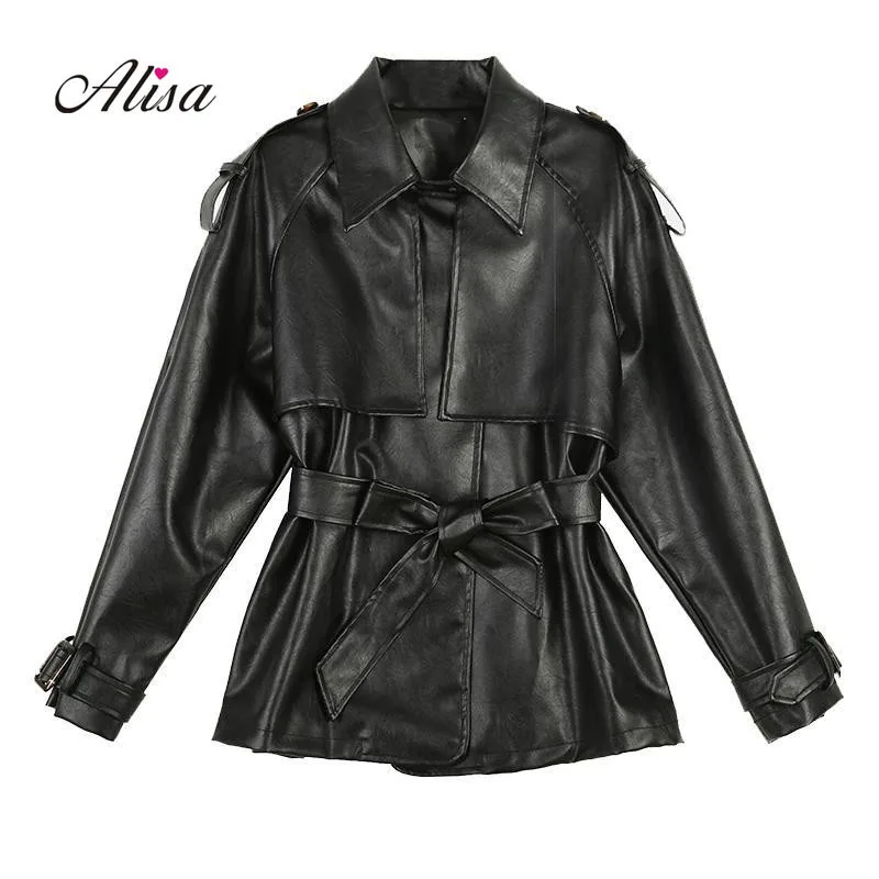 

Autumn 2019 New Fashion Womens Loose Pu Locomotive Motorcycle Black Leather Jackets Streetwear Females Belt Slim Short Coats