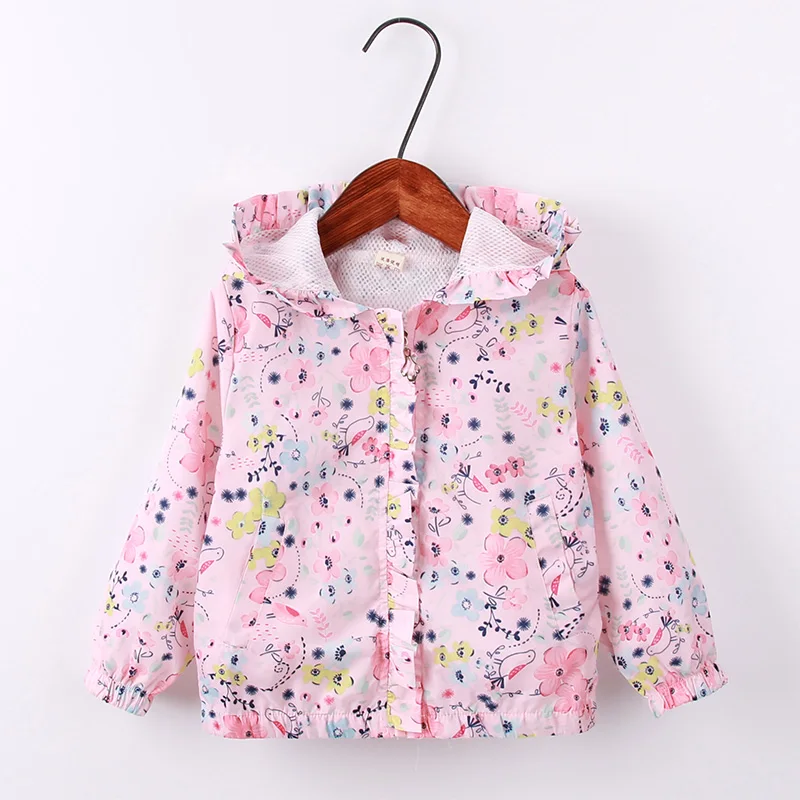 Сезон лето-осень; детская верхняя одежда От 1 до 6 лет куртки с цветочным принтом для маленьких девочек верхняя одежда с капюшоном и длинными рукавами для маленьких девочек - Цвет: Розовый