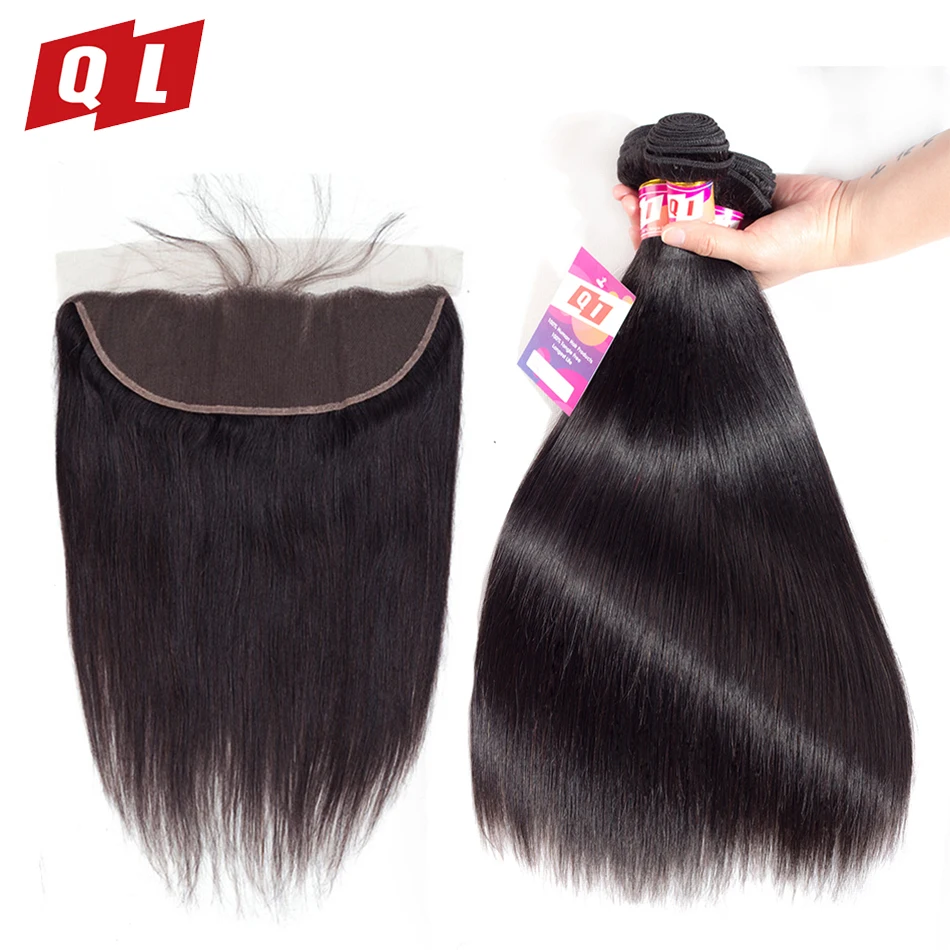 

QLOVE HAIR 3 Bundles With Closure 13*4 Lace Frontal Peruvian Straight Wave Human Hair Bundles With Closure Non Remy Hair Black