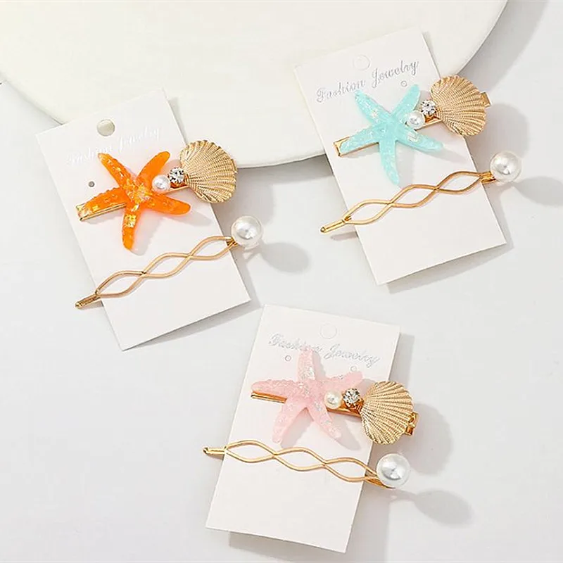 

Timlee H008 Simple Starfish shell Rhinestone Imitation Pearl Alloy Barrettes Hair Clip Set Fashion Hair Accessory Wholesale