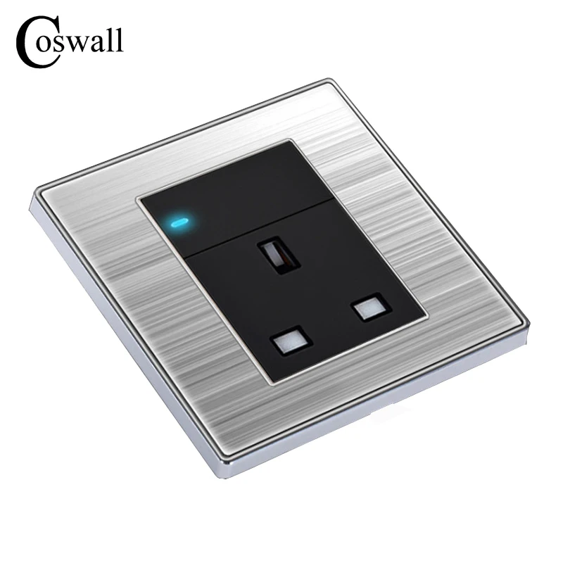 

COSWALL 1 Gang 2 Way Light Switch with 13A UK Standard Power Socket Enchufe Luxury Wall Stainless Steel Panel Electrical Outlet