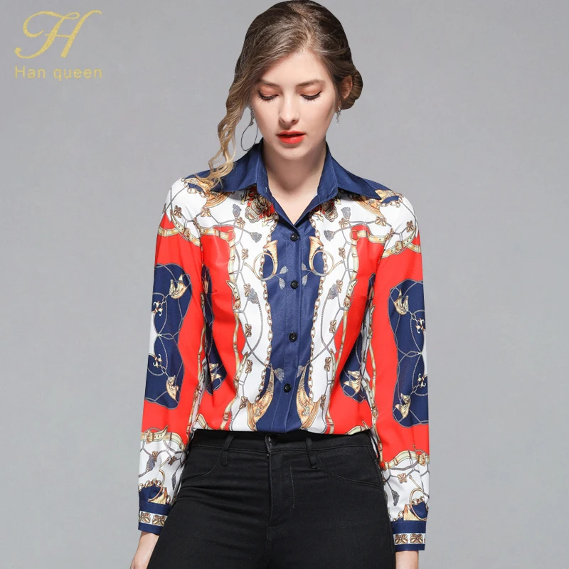 

H Han Queen 2019 New Women Chiffon Blouses Print Vintage Shirt Female Tops Long Sleeve Work Casual Blouse Loose Plus Size Blusa