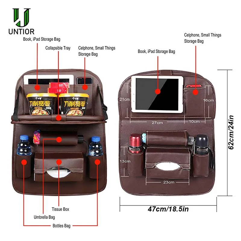 Подвесная сумка-Органайзер на заднюю часть автомобильного сиденья UNTIOR, Универсальная автомобильная многокарманная подставка из искусственной кожи, держатель для хранения чашек, Складная полка