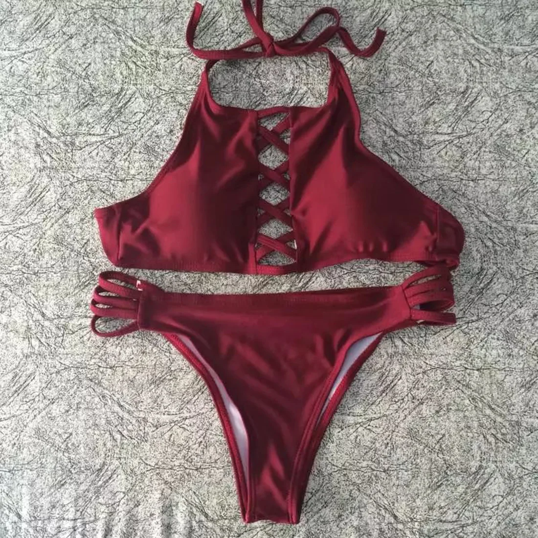 

Hand Weave Multi Rope Cross Sexy Women Bikini Set Two Pieces Swimwear Swimsuit for Girls Red Black Low Waist Costumes