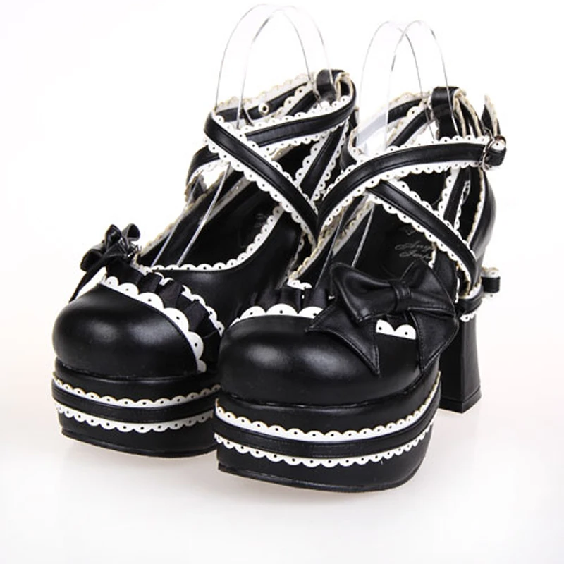 Custom Color Super High Heel Gothic Lolita Cosplay Shoes Lace Trim Criss Cross Chunky Heel Platform