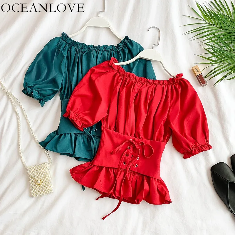 OCEANLOVE Solid Puff Sleeve Short Blouse Women Slash Neck Off Shoulder Top Shirt 2020 Summer Belt Lace Up Korean Blusas 11890 |