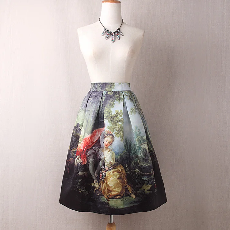 

Women Vintage Elastic Waist Skirt Knee Length Retro Oil Painting Skirts Girl High Waist Pleated Skater Skirt