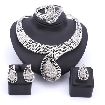 

Wedding White Gold Color Necklace Set Fine Jewelry Sets Party Women African Beads Bridal Ring Bangle Earrings Accessories