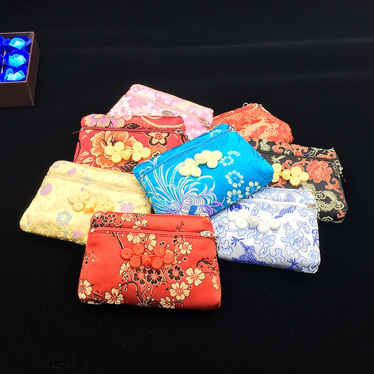 

Small Womens Double Zipper Wallet Silk brocade Jewelry Pouch Gift Packaging Chinese knot Small Craft Bags Coin Purses 50pcs/lot
