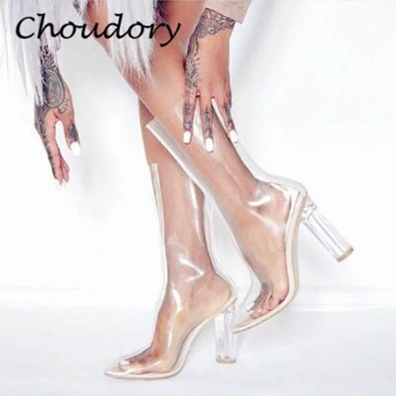 

Choudory Chunky High Heel Woman Rainboots Plus Size Spring Autumn Mid-Calf Pointed Toe Plastic Solid Transparent Zapatos Mujer