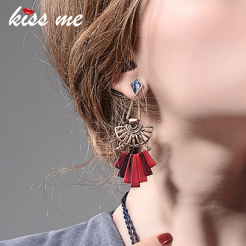 KISS ME Geometric Hollow Out Resin Alloy Vintage Earrings Personalized Long Drop Earrings Women Jewelry Accessories