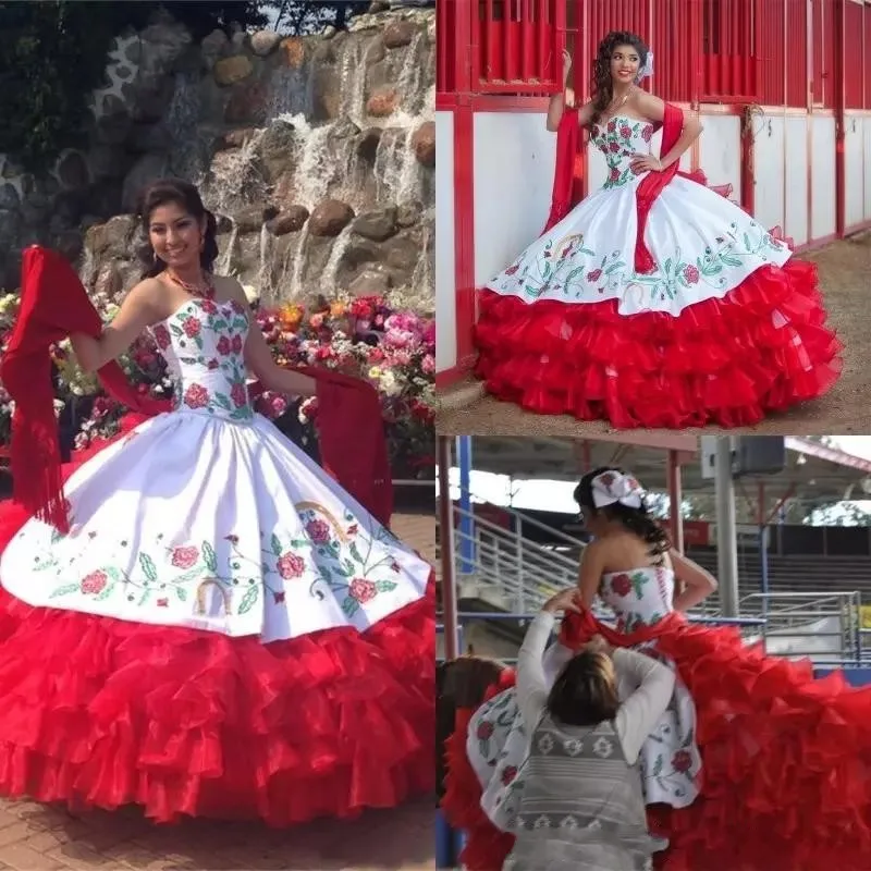 

New White And Red Tiered Draped Embroidery Quinceanera Dresses Ball Gown with Lace-Up Floor Length Prom Party Gown