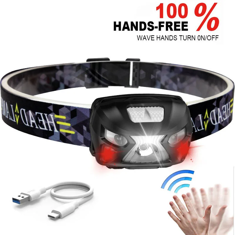 

USB Rechargeable LED Headlamp Motion Sensor 5000LM Ultra Bright Head lamp Built-in battery Lightweight Adjustable Headlight