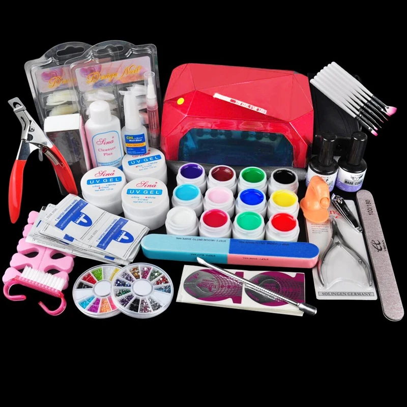 

Nail Art Set 12 Colors UV Gel + 36W LED Curing Lamp Manicure File Nail Art Tools Buffer Remover Fasle Nail Tips