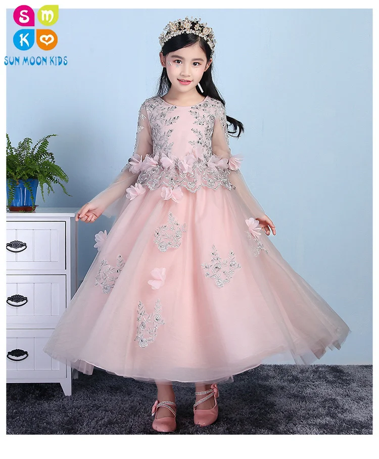 

Pink Tulle Exquisite Lace Appliques Girl Wedding Dress Ankle Length Kids Party Prom Gress First Communion Dresses For Girls