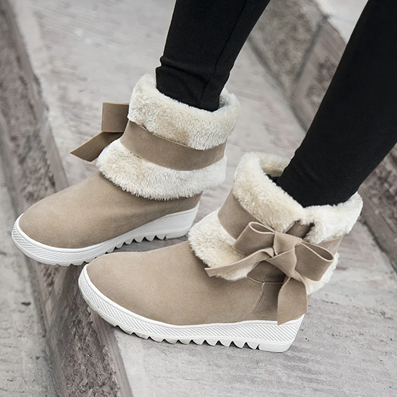 Bowtie Fur Snow Boots Platform High Heels Winter Shoes Womanshoe
